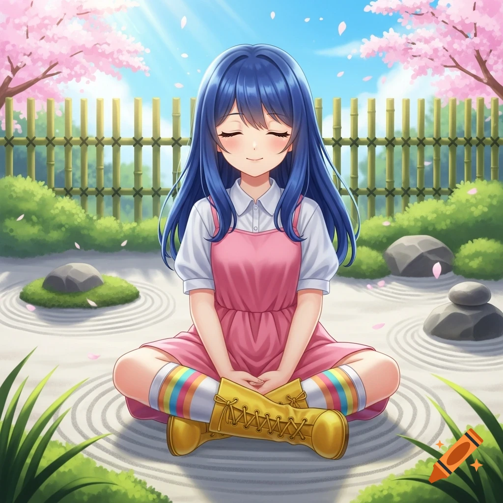 An anime girl with blue hair in a pink dress and rainbow socks meditates peacefully in a sunny zen garden with cherry blossoms.