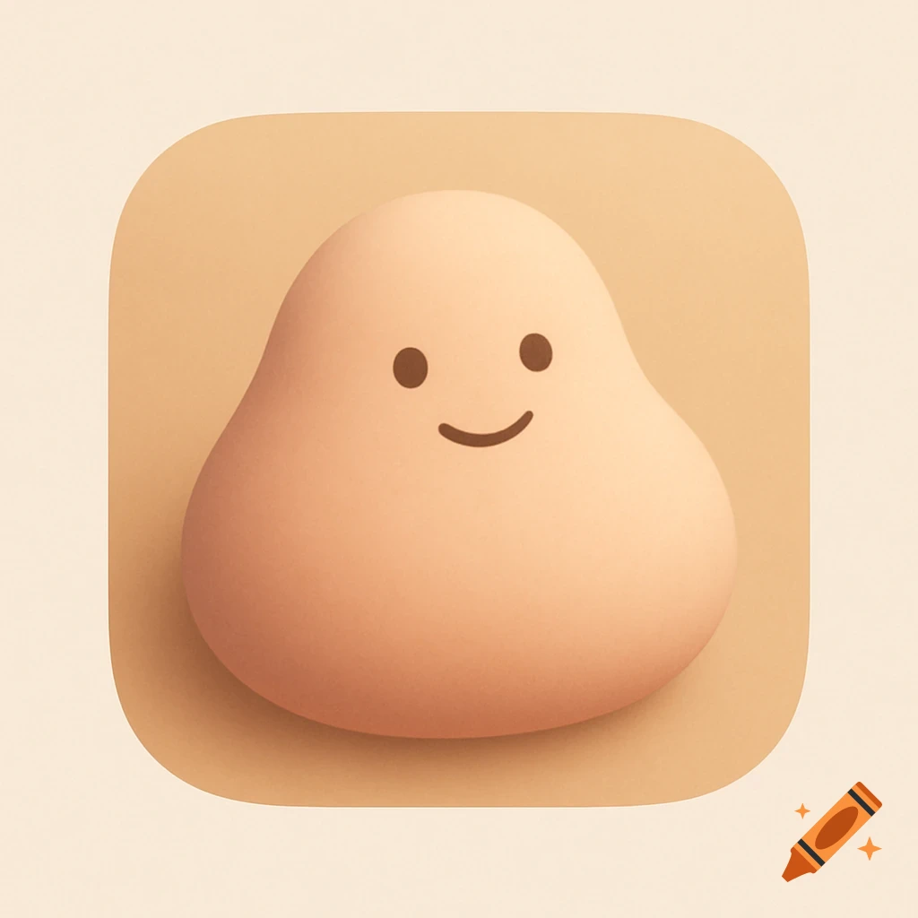 A soft, peach-colored, blob-shaped app icon with a minimalist happy face on a rounded square background.