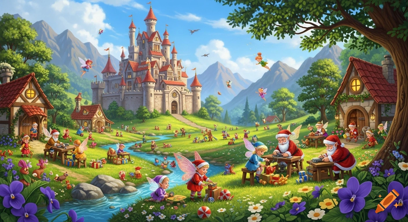 Whimsical illustration of Santa-like figures and fairies making toys in a vibrant valley with a grand castle, cottages, and a stream.