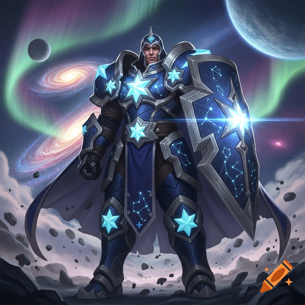 A formidable warrior in blue, star-themed armor and shield stands against a vibrant cosmic background with galaxies and planets.