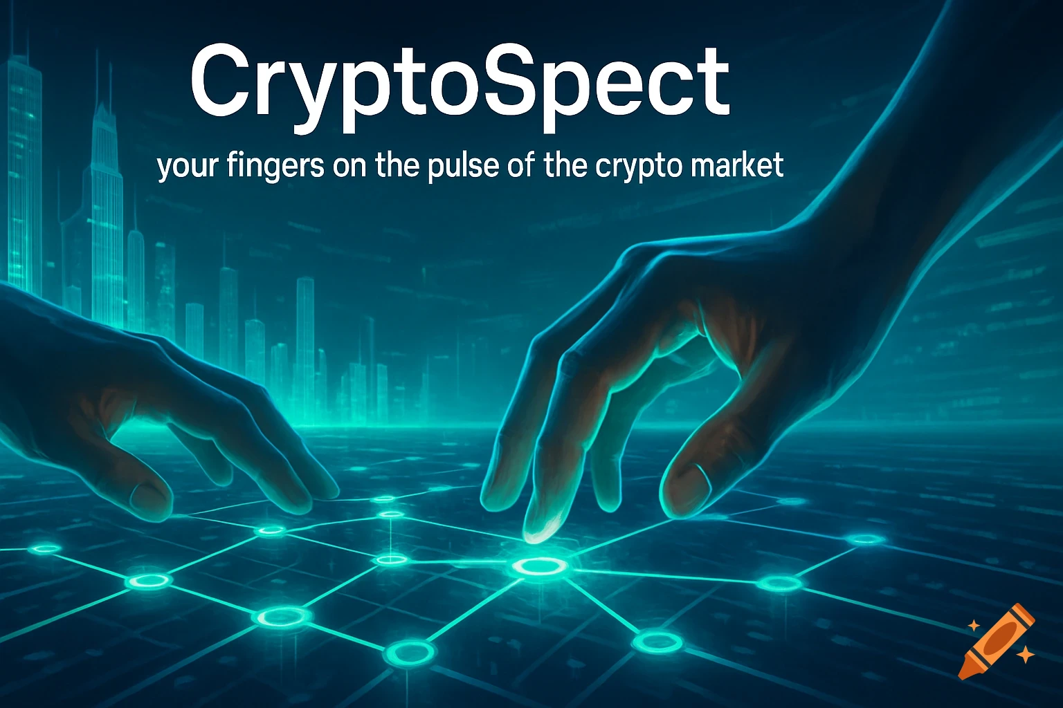 Two hands interact with a glowing digital network grid, with a futuristic city in the background. Text reads "CryptoSpect - your fingers on the pulse of the crypto market".
