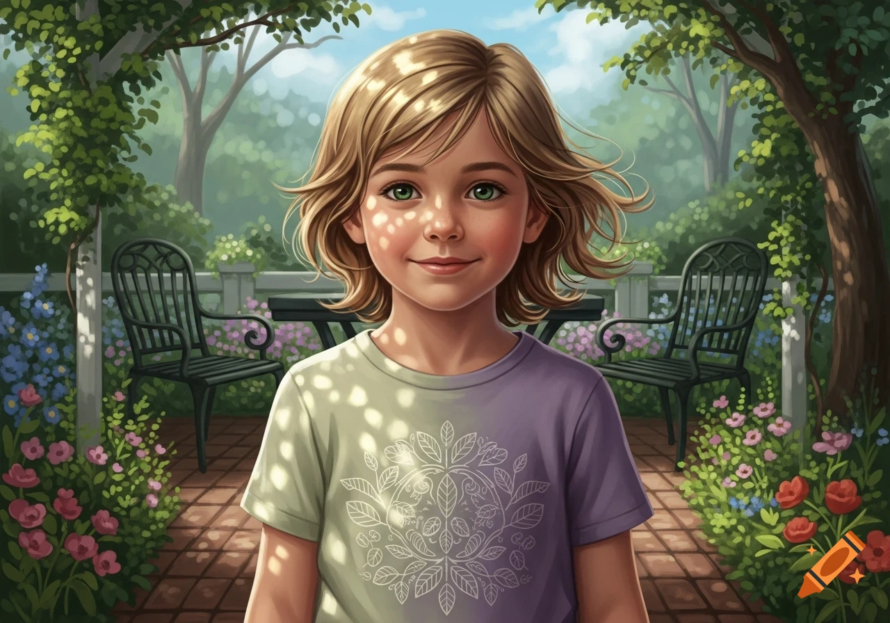 Smiling child with light brown hair and green eyes, dappled in sunlight, stands in a lush garden with patio furniture. Digital art.