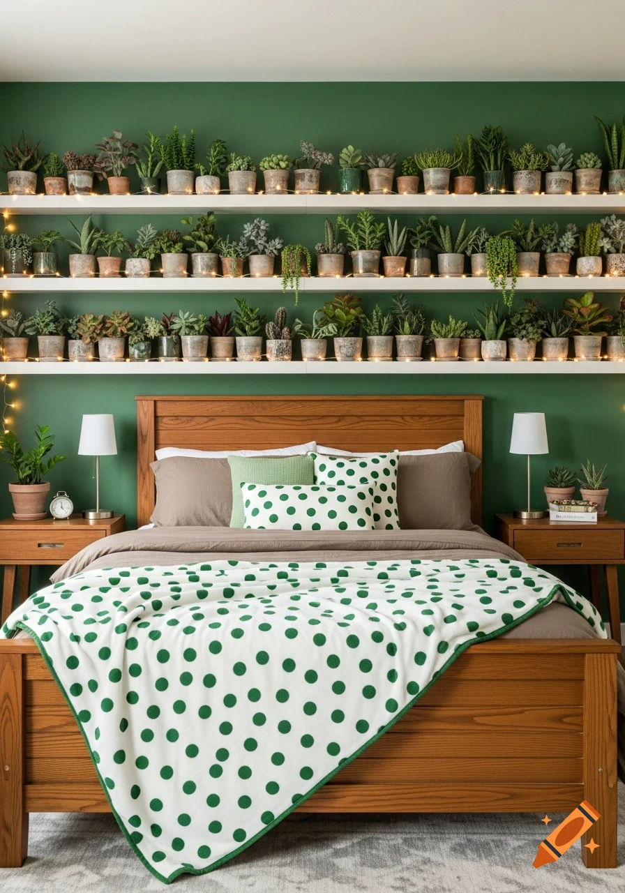 A bedroom with a wooden bed, brown sheets, and a white and green polka dot blanket. Three shelves filled with potted succulents are mounted on a forest green wall.