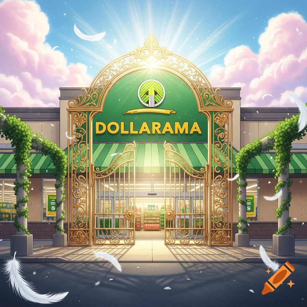 Cartoon Dollarama store entrance with ornate golden gates, heavenly light, and floating white feathers under a bright sky.