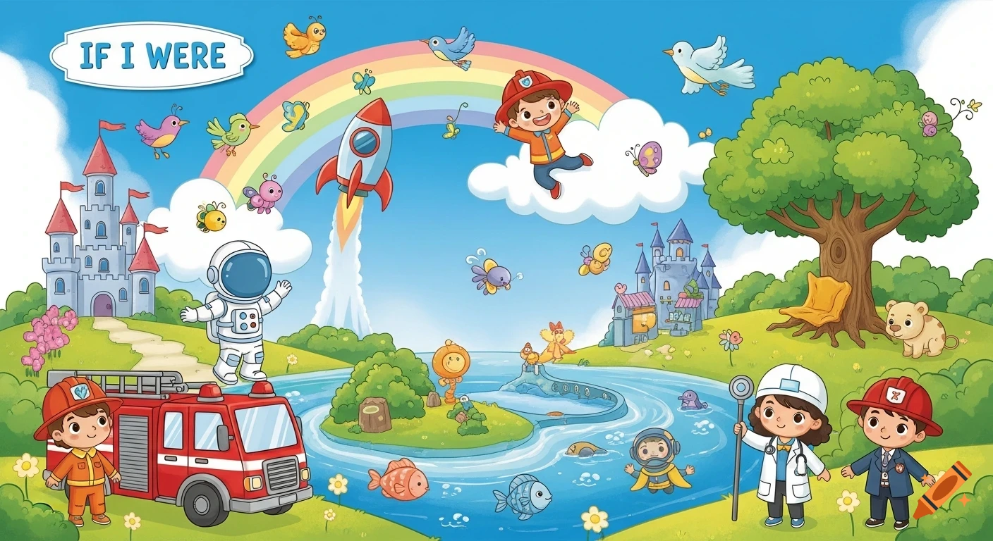 A colorful children's cartoon shows kids as a firefighter, astronaut, doctor, and businessman in a fantastical landscape with castles, a rainbow, a rocket, and animals.