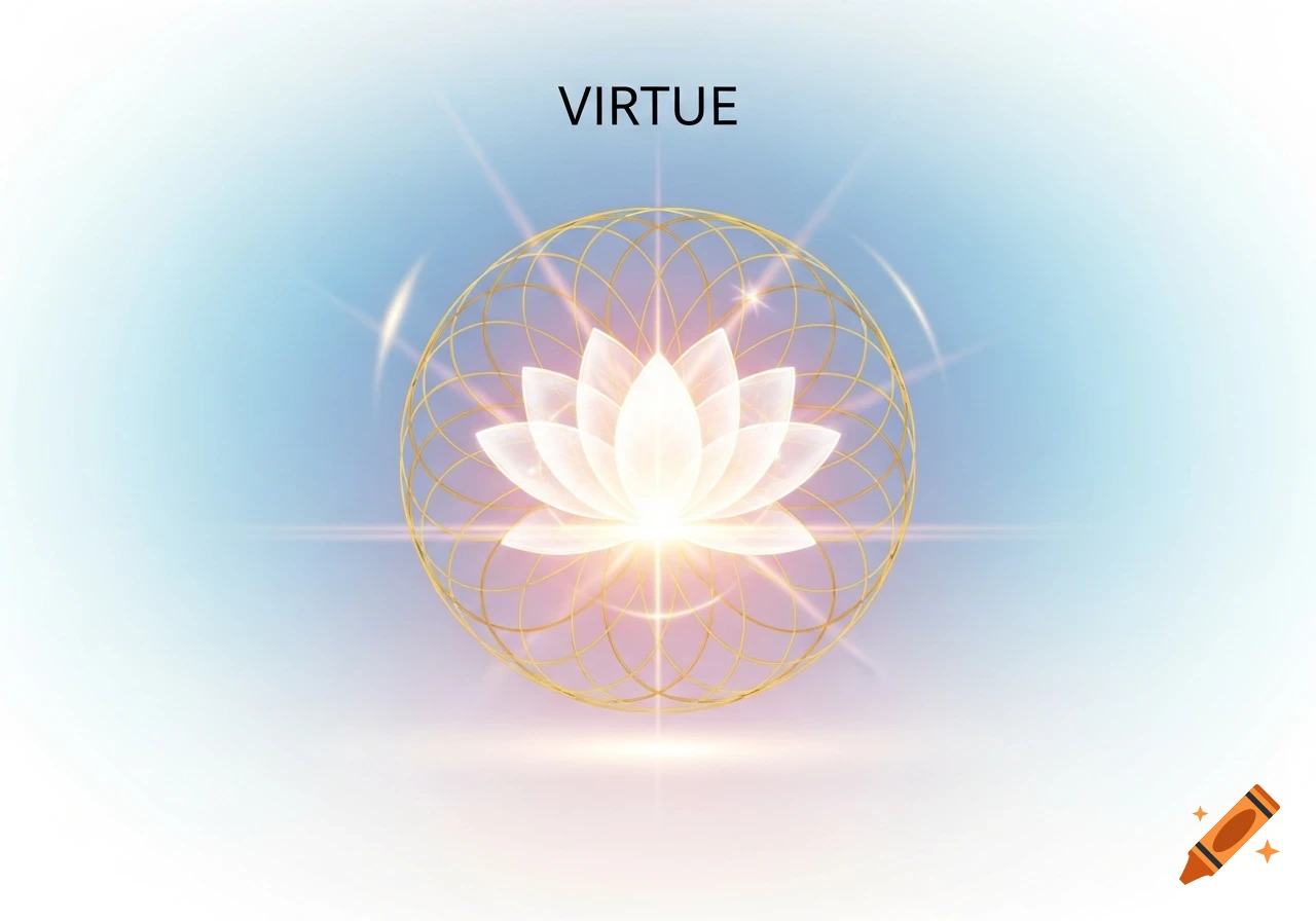 A glowing white lotus flower inside a golden geometric sphere, with the word 'VIRTUE' centered above it, against a soft blue and white gradient background.