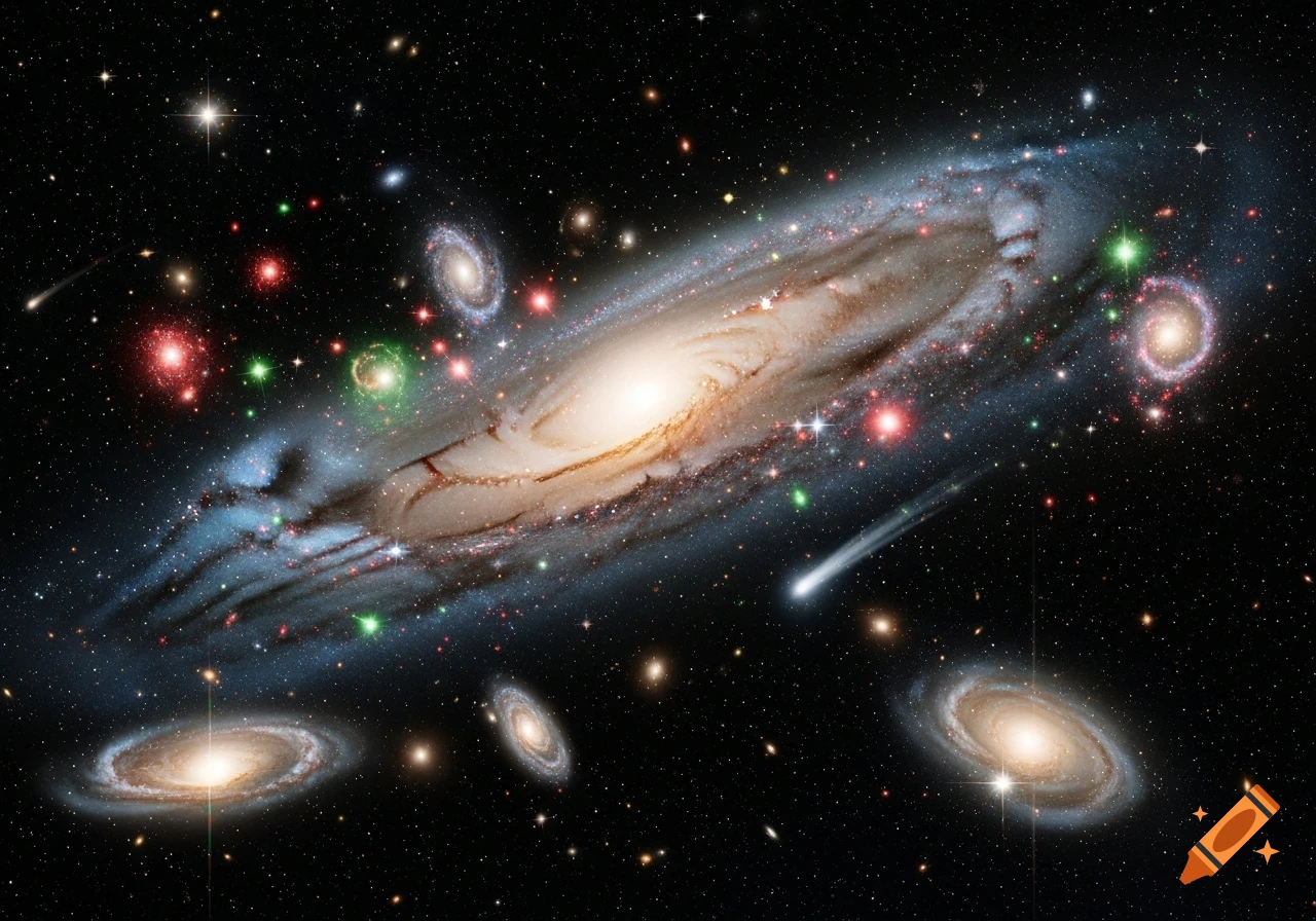 A vivid, Christmas-themed galaxy with bright red and green stars, surrounded by smaller galaxies and cosmic dust in deep space.