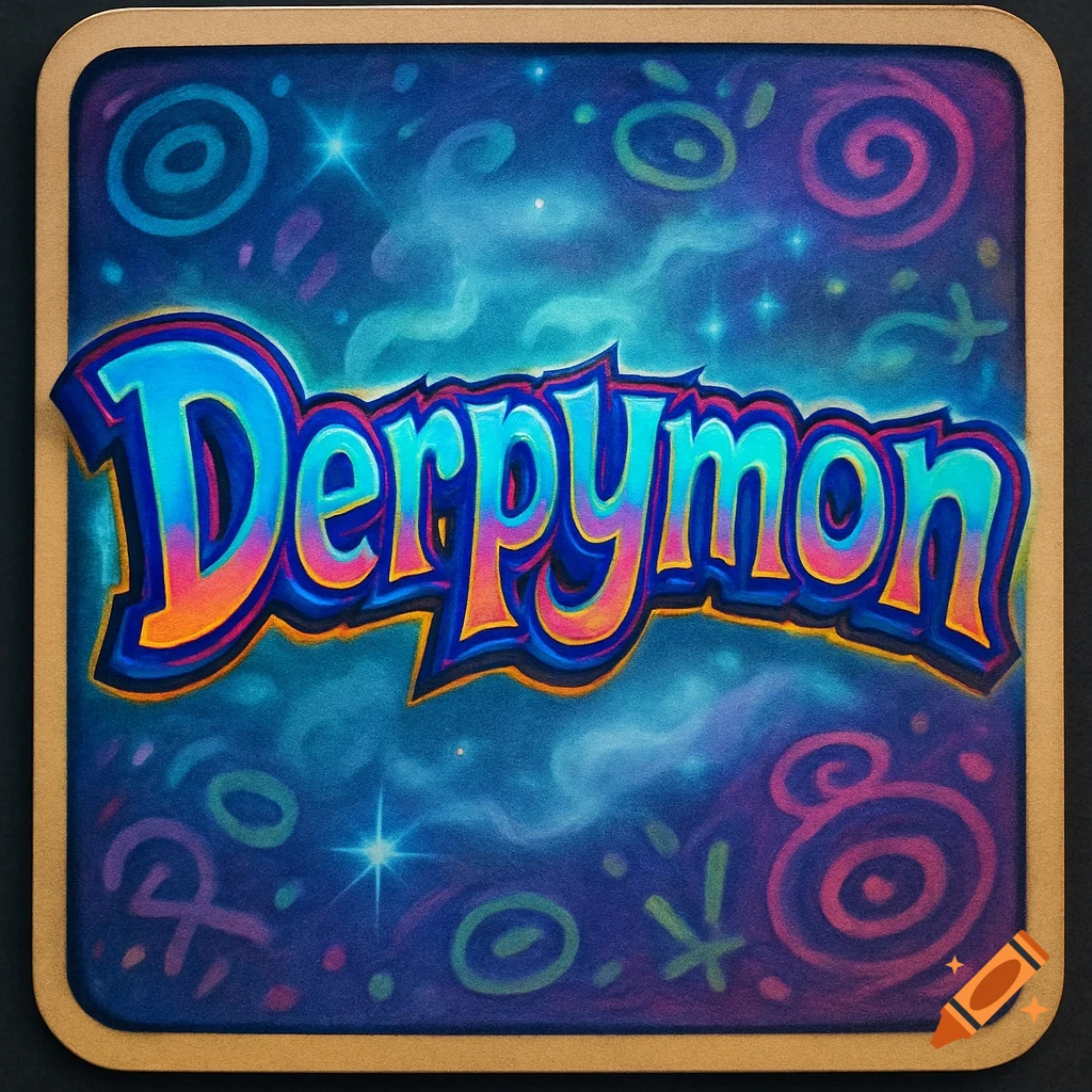 A colorful product label with the stylized word 'Derpymon' in vibrant blue, orange, and pink on a dark blue background with abstract swirling shapes and stars.