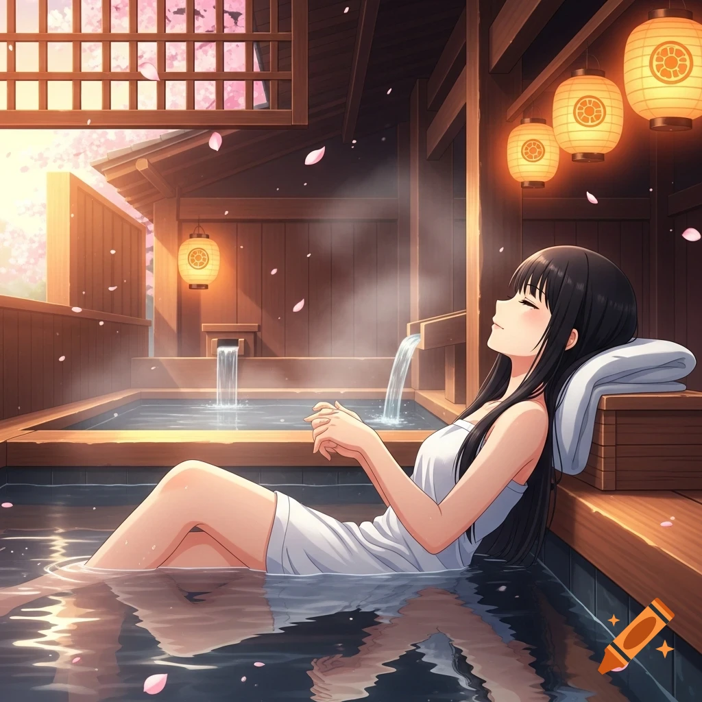An anime girl with dark hair relaxes in an outdoor hot spring at sunset, surrounded by wooden architecture and falling cherry blossoms.
