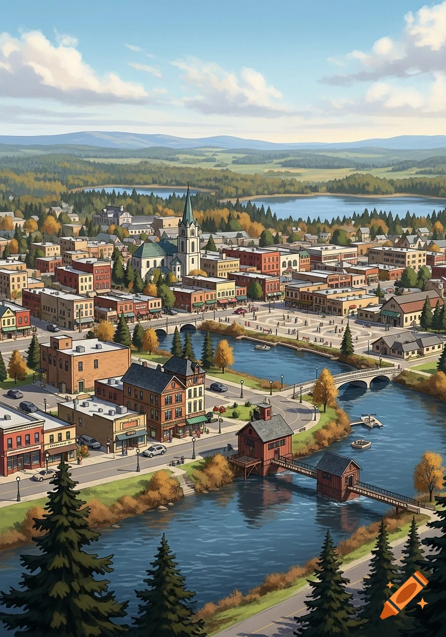 High-angle illustration of a charming river town with a church, surrounded by autumn trees, hills, and a lake under a blue sky.