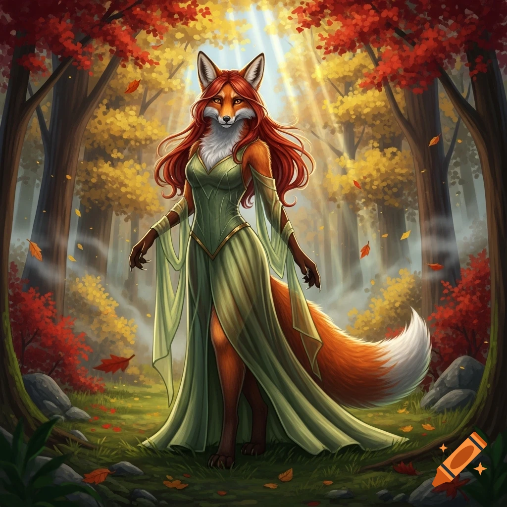 A female anthropomorphic fox in a flowing green dress stands in an autumn forest with red and gold leaves.