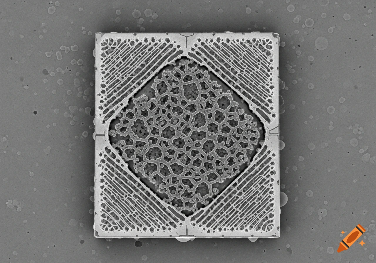 Detailed gray-scale electron micrograph showing intricate square and hexagonal patterns on a microchip.