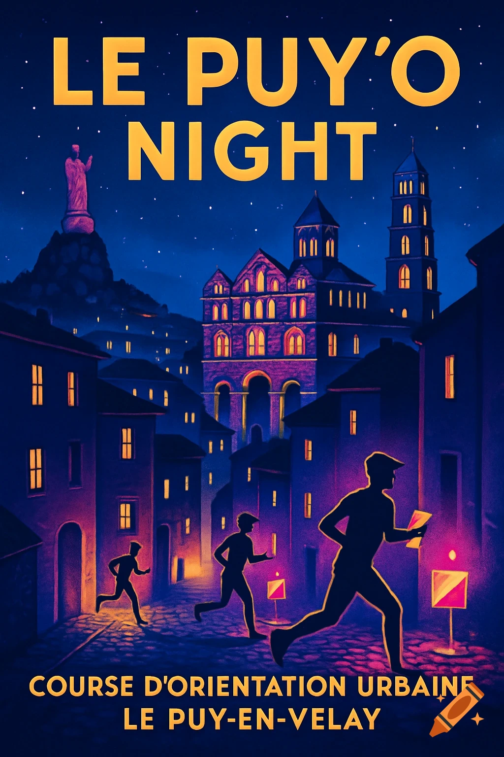 A stylized poster of an urban night race in Le Puy-en-Velay, with silhouetted runners, glowing buildings, and a statue under a starry sky.