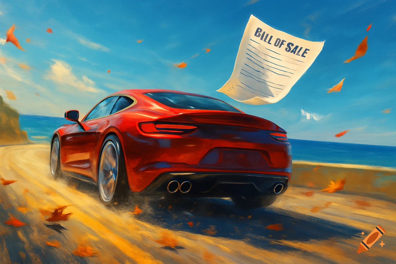 A red sports car drives on a coastal road as a "BILL OF SALE" document flies into the air, in a painterly style.