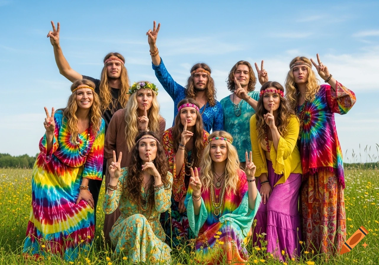 A large group of young adults dressed in vibrant tie-dye and bohemian clothes making peace signs and shushing gestures in a sunny field under a blue sky.