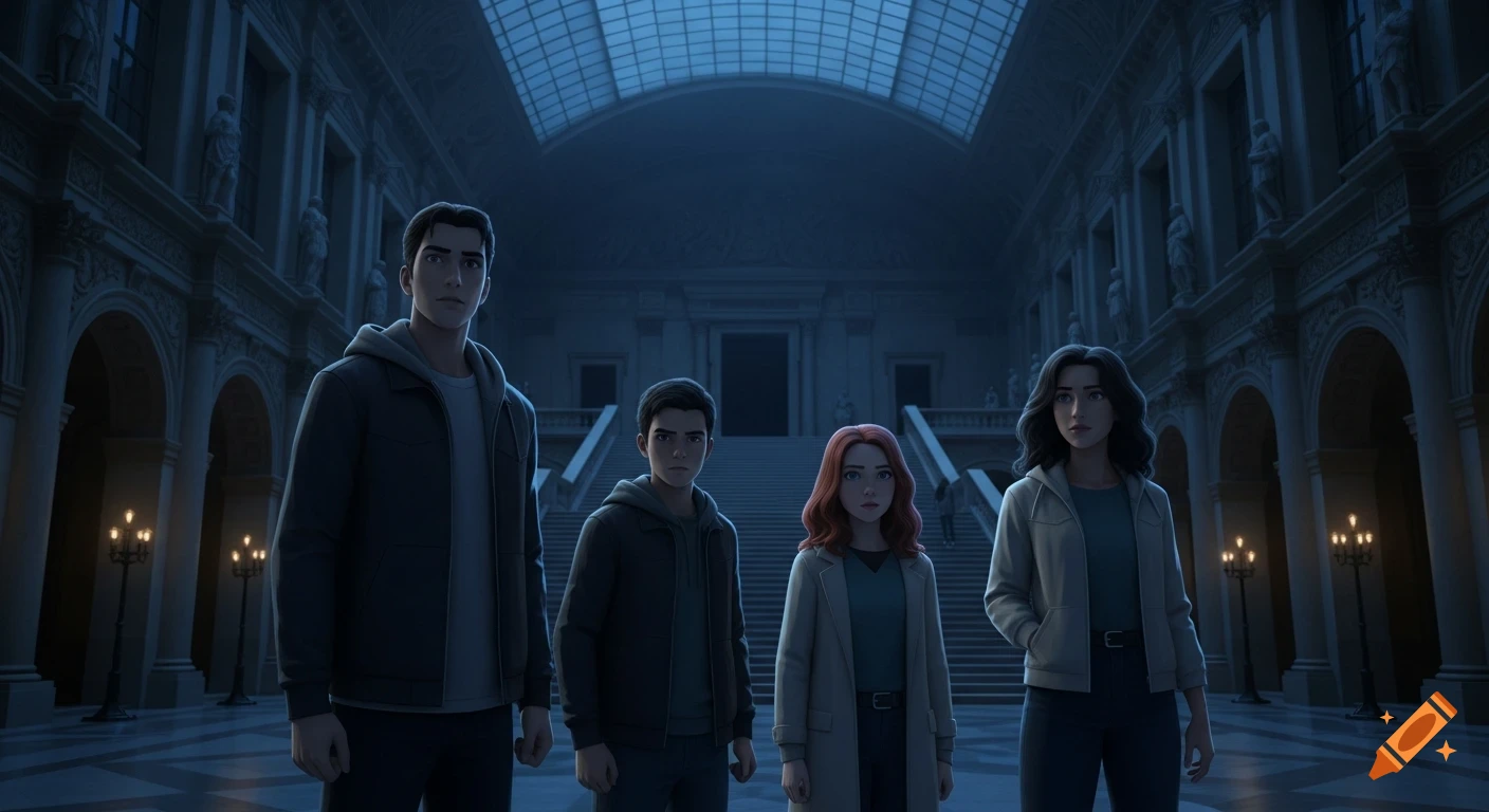 Four animated young adults stand solemnly in a grand, empty, and dimly lit museum hall, ready for adventure.