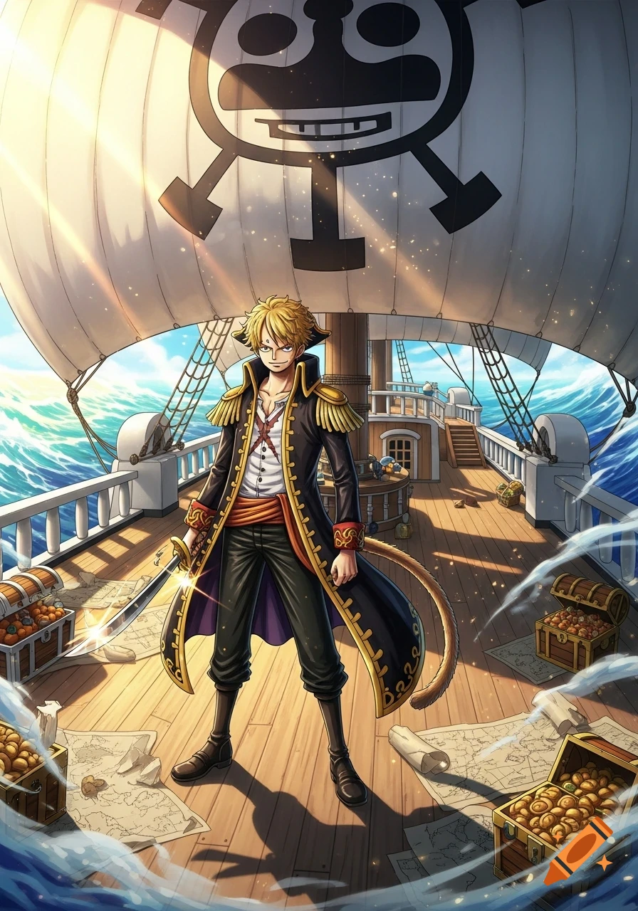 Anime character resembling a pirate captain, standing on the deck of a ship with treasure chests, holding a sword. The ship's sail features a stylized skull and crossbones.
