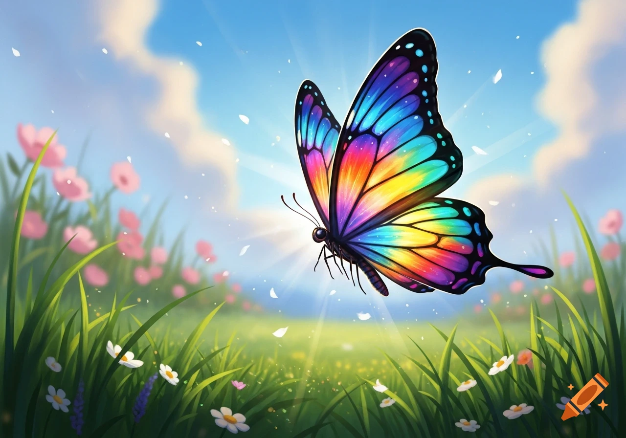 A vibrant, multicolored butterfly with glowing wings flies above a green field with pink and white flowers under a bright blue sky.