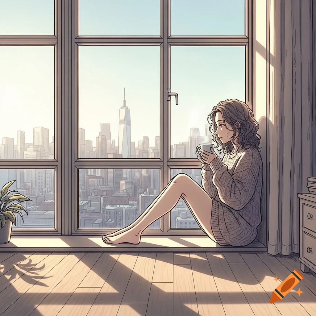 Lofi anime woman in an oversized sweater sits by a window, sipping coffee and looking at a bright cityscape during morning.