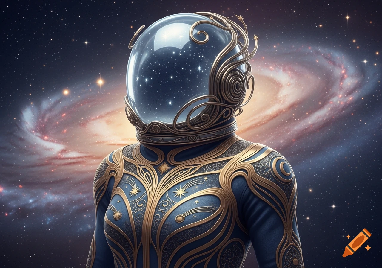 A person in an intricate blue and gold art nouveau space suit with a clear helmet showing stars, against a galaxy background.