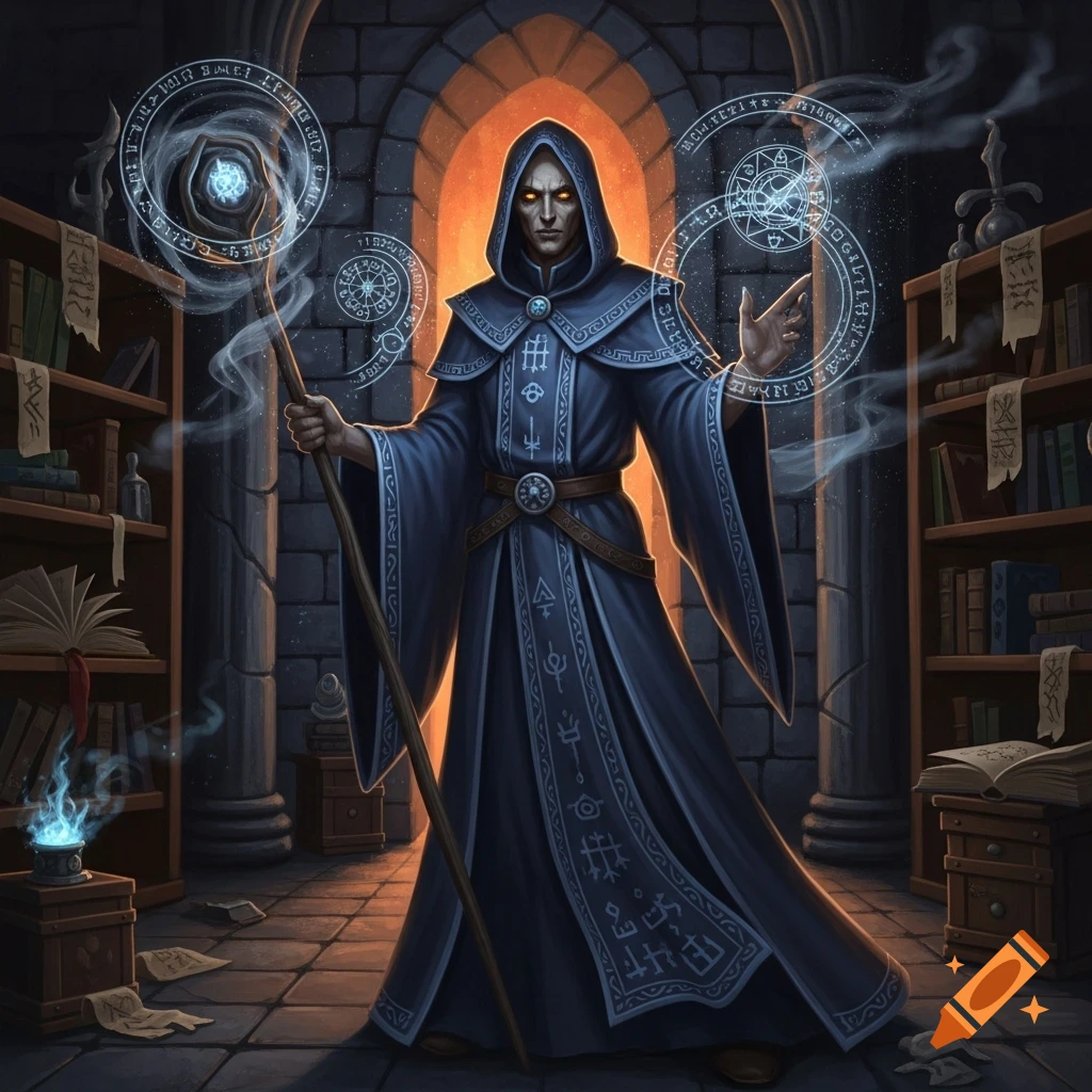A dark wizard in a hooded blue robe casts a spell with glowing hands and a staff in a dimly lit, stone library.