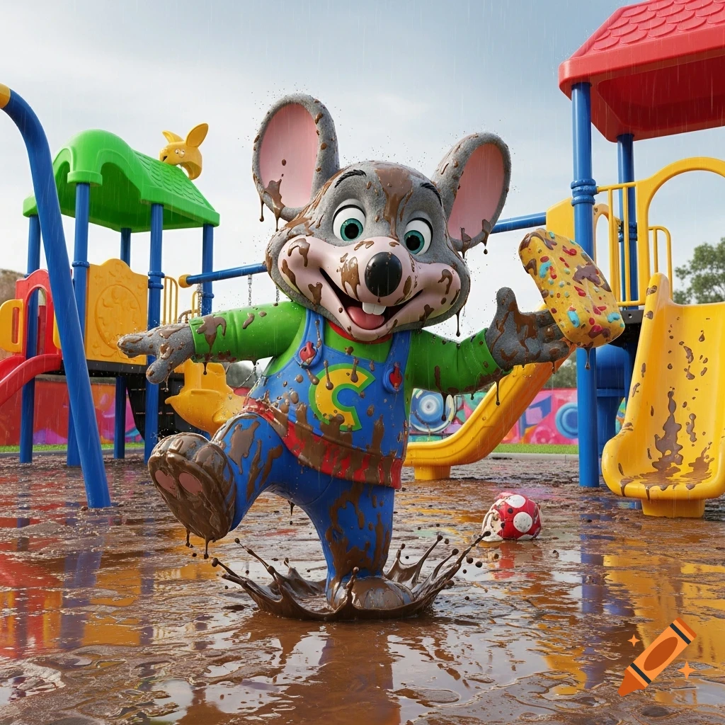 Photorealistic image of Chuck E. Cheese, covered in mud, splashing in a puddle on a wet playground under a cloudy sky.