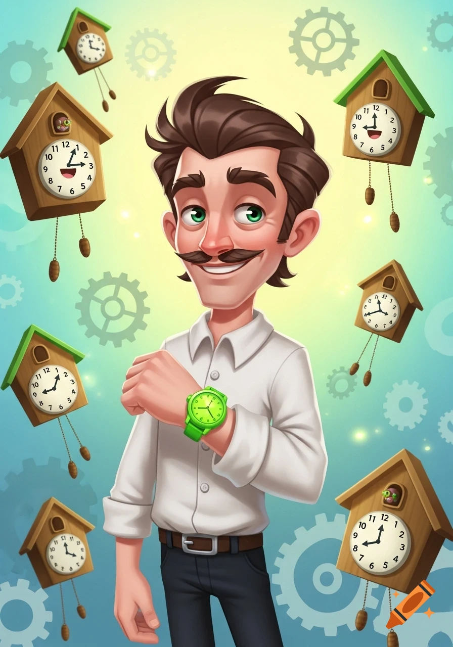 A cartoon man with a mustache and green eyes points to his bright green wristwatch, surrounded by floating cuckoo clocks and gears on a gradient blue and yellow background.