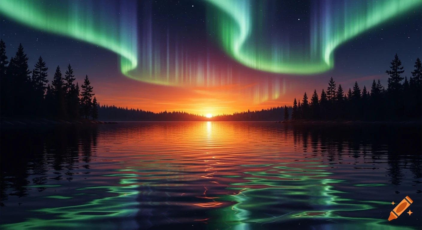 Vibrant green and purple aurora borealis over a lake reflecting a sunset and silhouetted forest.