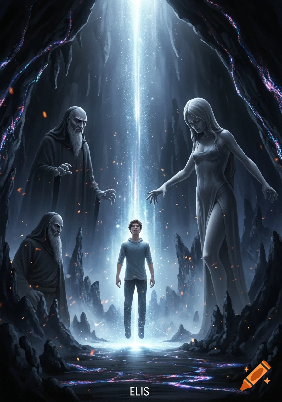 A young man named Elis floats in a mystical, dark cave, surrounded by light, mist, and glittering veins, with giant ancient figures appearing from the shadows.