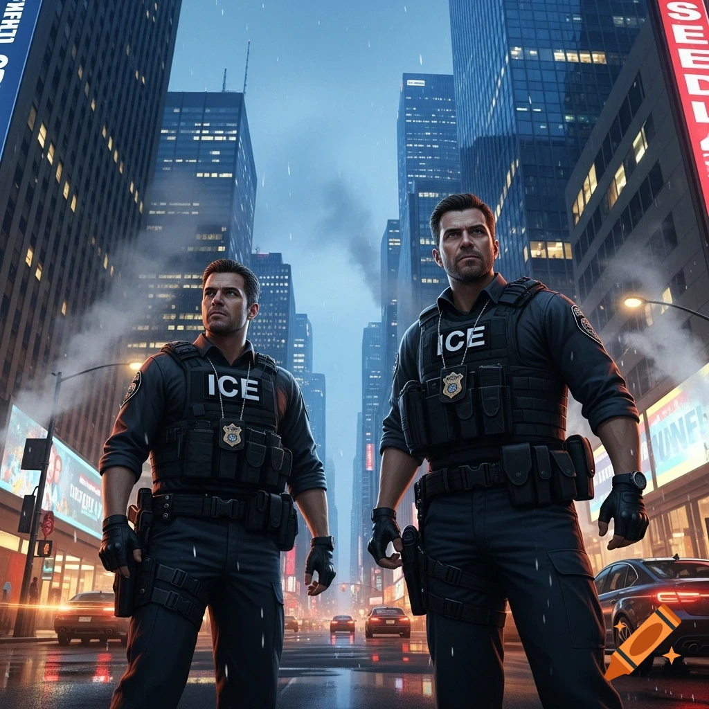 Two men in tactical gear with "ICE" vests stand on a rainy city street at night, with skyscrapers and glowing signs.
