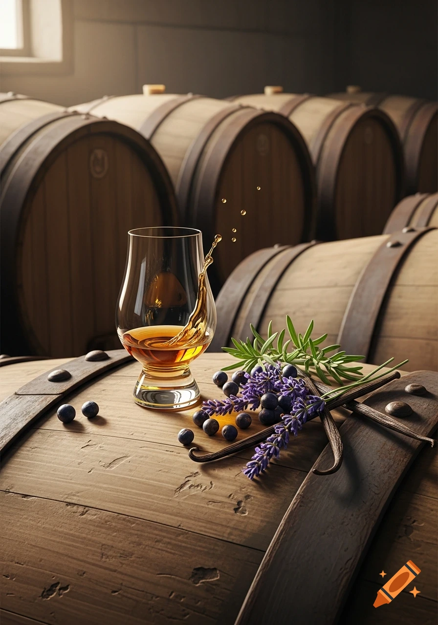 Photorealistic still life of a tasting glass with splashing liquid, lavender, juniper, and vanilla on a wooden barrel in a cellar.