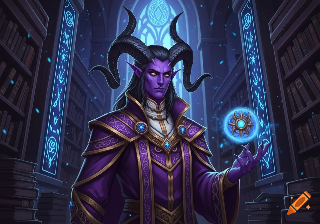 A purple-skinned male tiefling with horns and long dark hair, wearing elaborate purple and gold robes, holds a glowing blue magical orb in a dimly lit library.