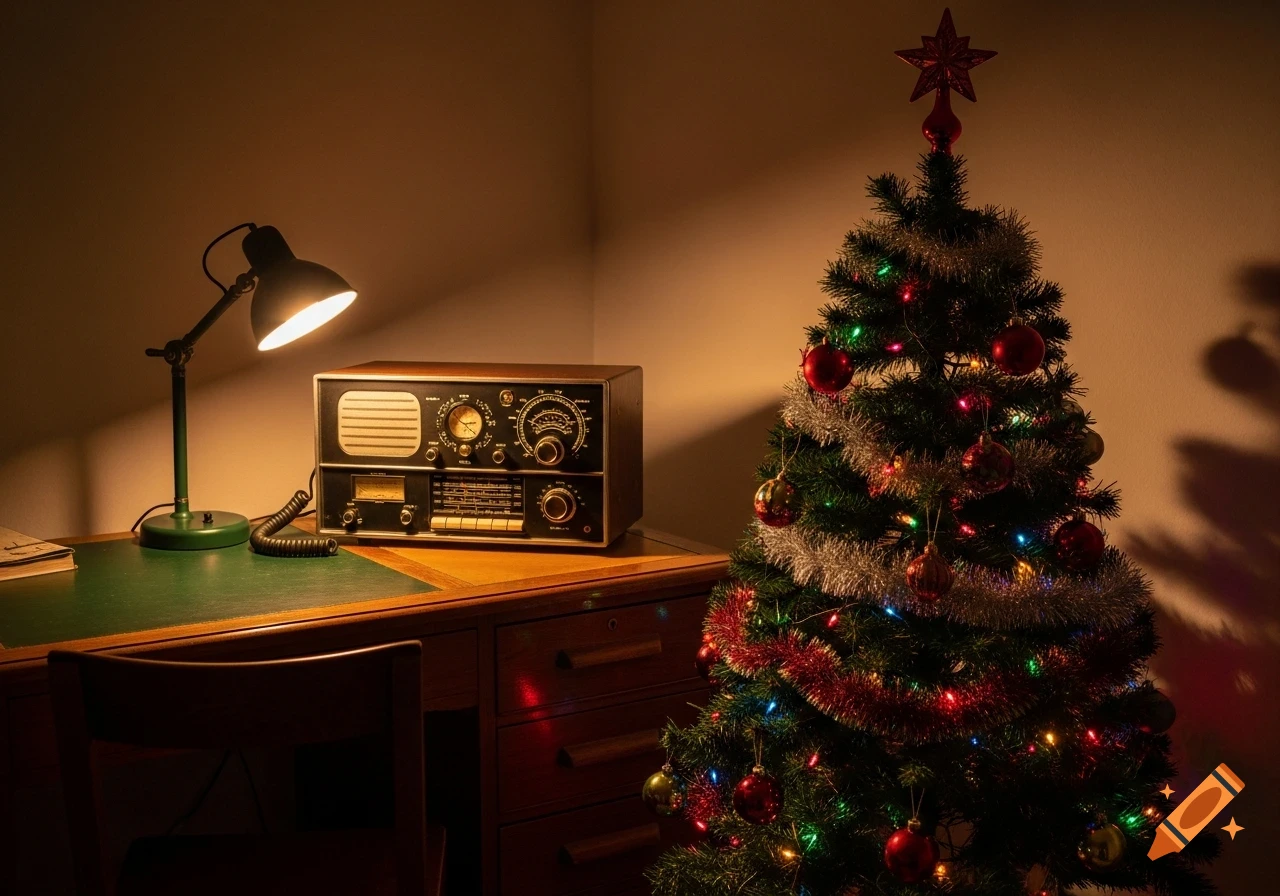 A vintage radio with glowing dials sits on a desk next to a brightly lit Christmas tree decorated with red ornaments and tinsel, under a warm desk lamp.
