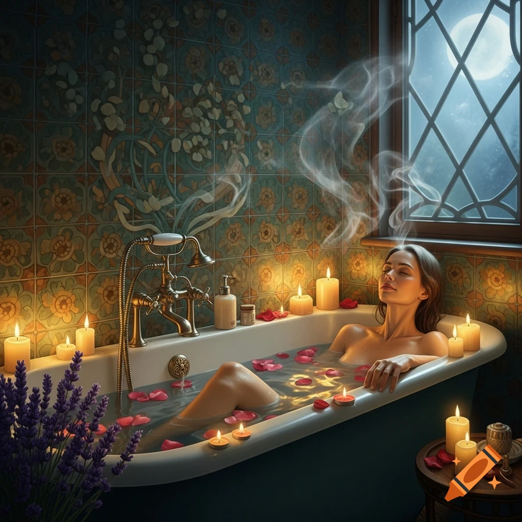 A woman relaxes in a candlelit bathtub with rose petals, moonlight streams through a window, photorealistic.