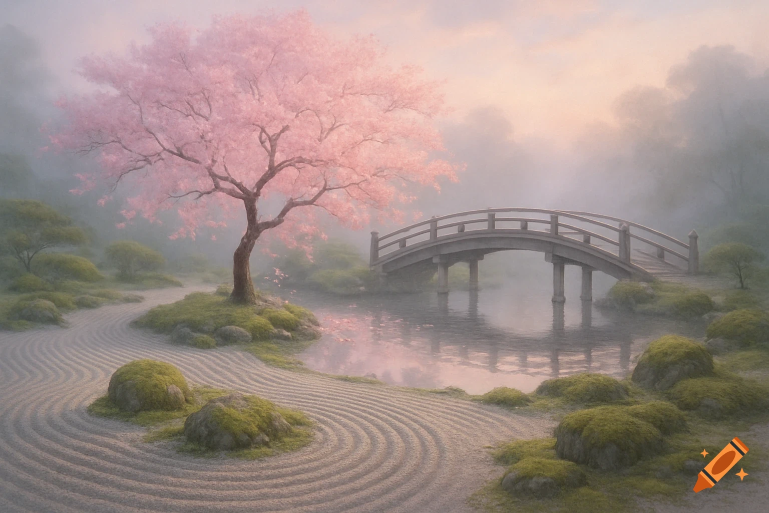 A serene Japanese garden with a pink cherry blossom tree, an arched bridge over a pond, and raked sand patterns.
