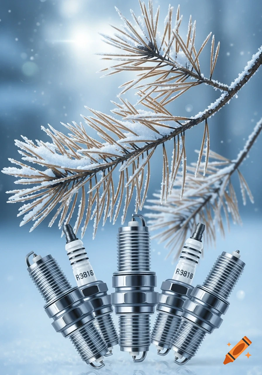 Four shiny spark plugs stand in snow with a frosted pine branch in a soft blue background.