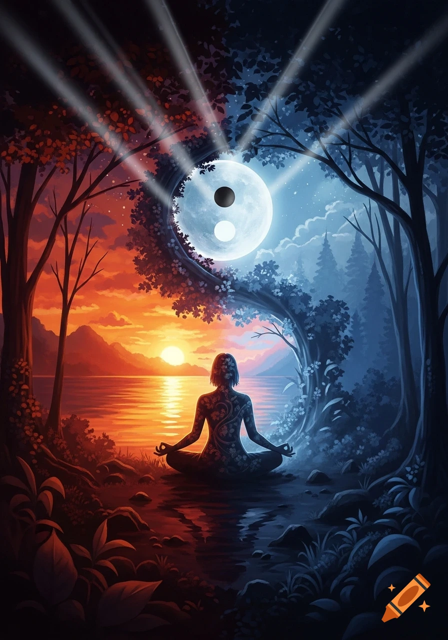 A person meditating in a lotus position by water, under a large yin-yang symbol merging a sunset and night forest.