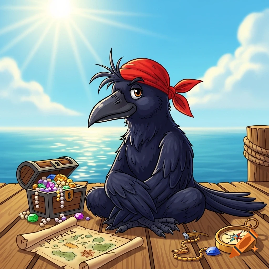 A cartoon pirate crow with a red bandana sits on a wooden dock next to a treasure chest, map, and compass, with the ocean and sun in the background.