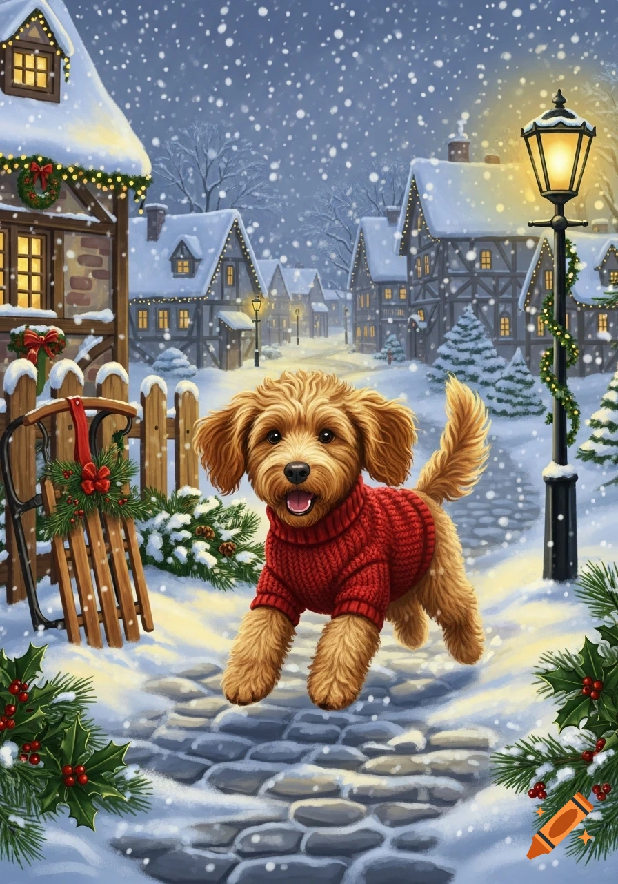 A cute goldendoodle in a red sweater runs through a snowy village street decorated for Christmas.