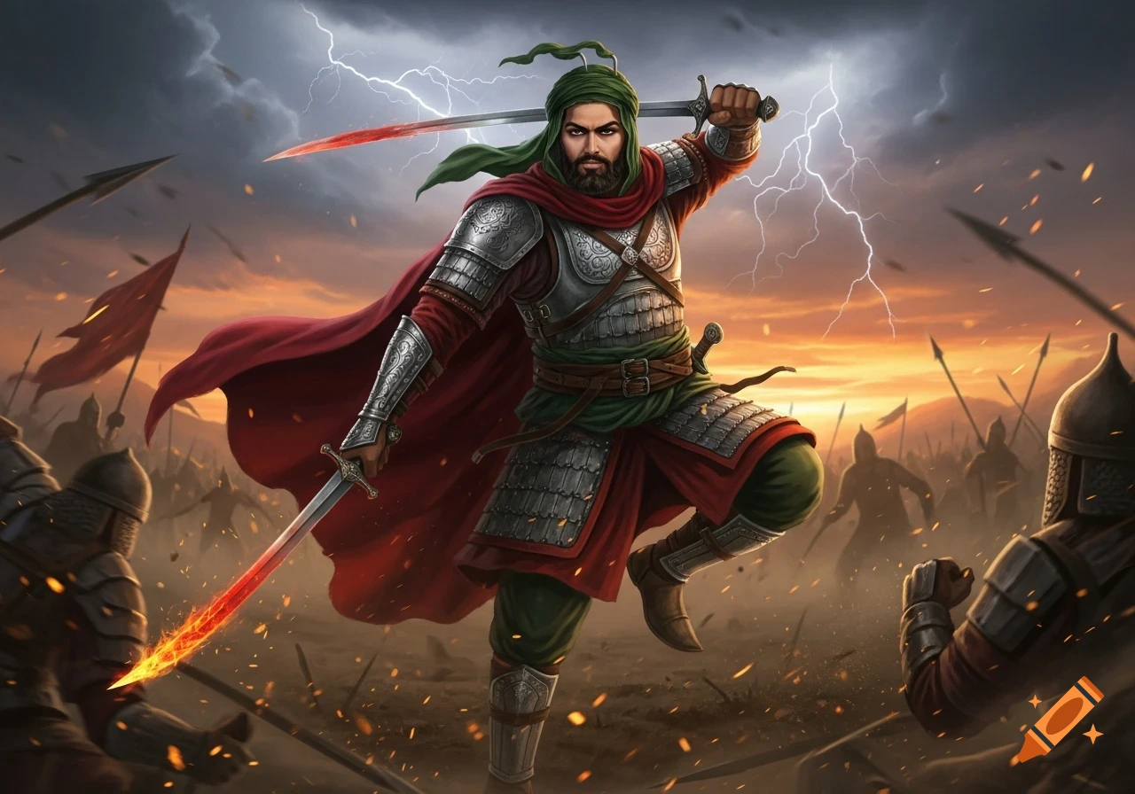 A powerful warrior in ornate armor and a red cape raises two glowing swords amidst a stormy battlefield with lightning.