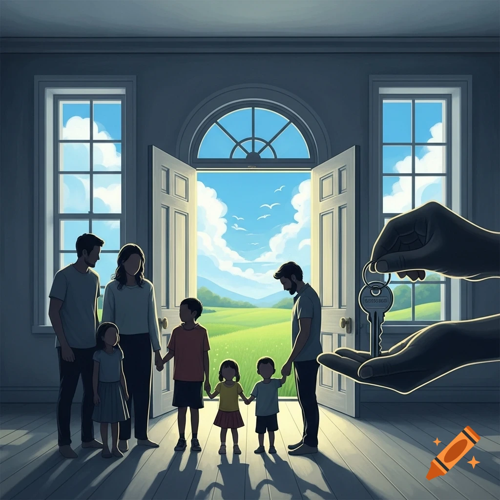 A family stands in a dim room as a hand gives them a key, with an open door revealing a bright green landscape and blue sky.