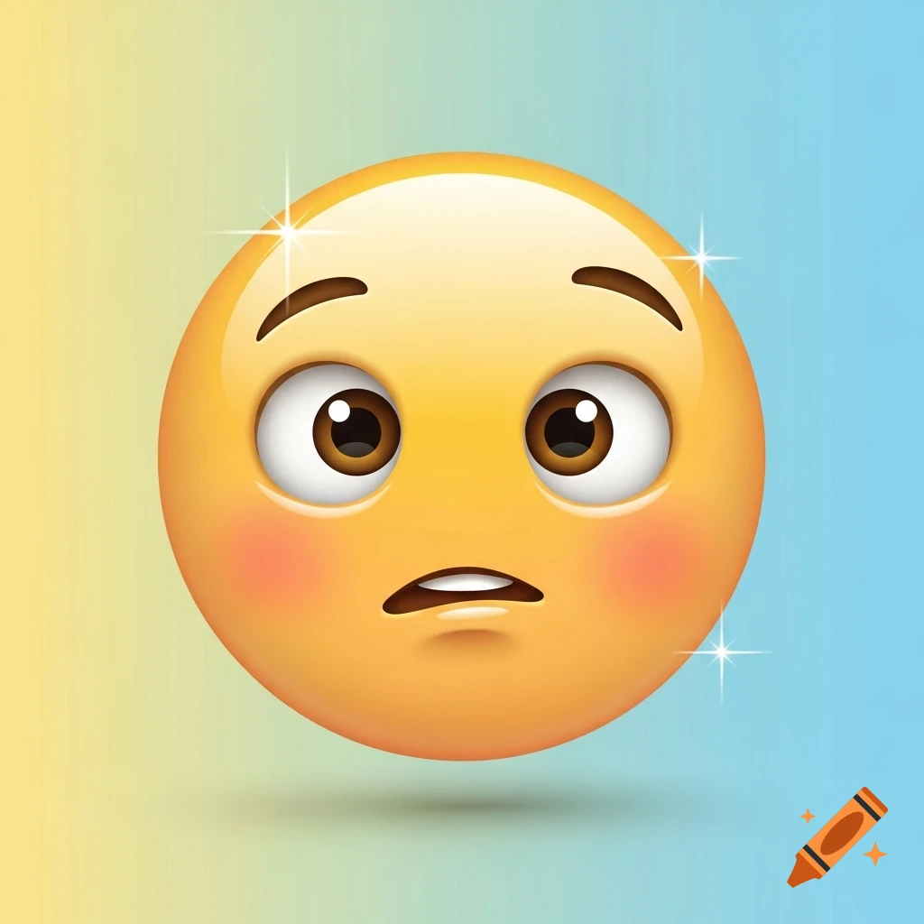 A yellow emoji face with wide eyes, furrowed brows, rosy cheeks, and slightly parted lips, against a gradient background.