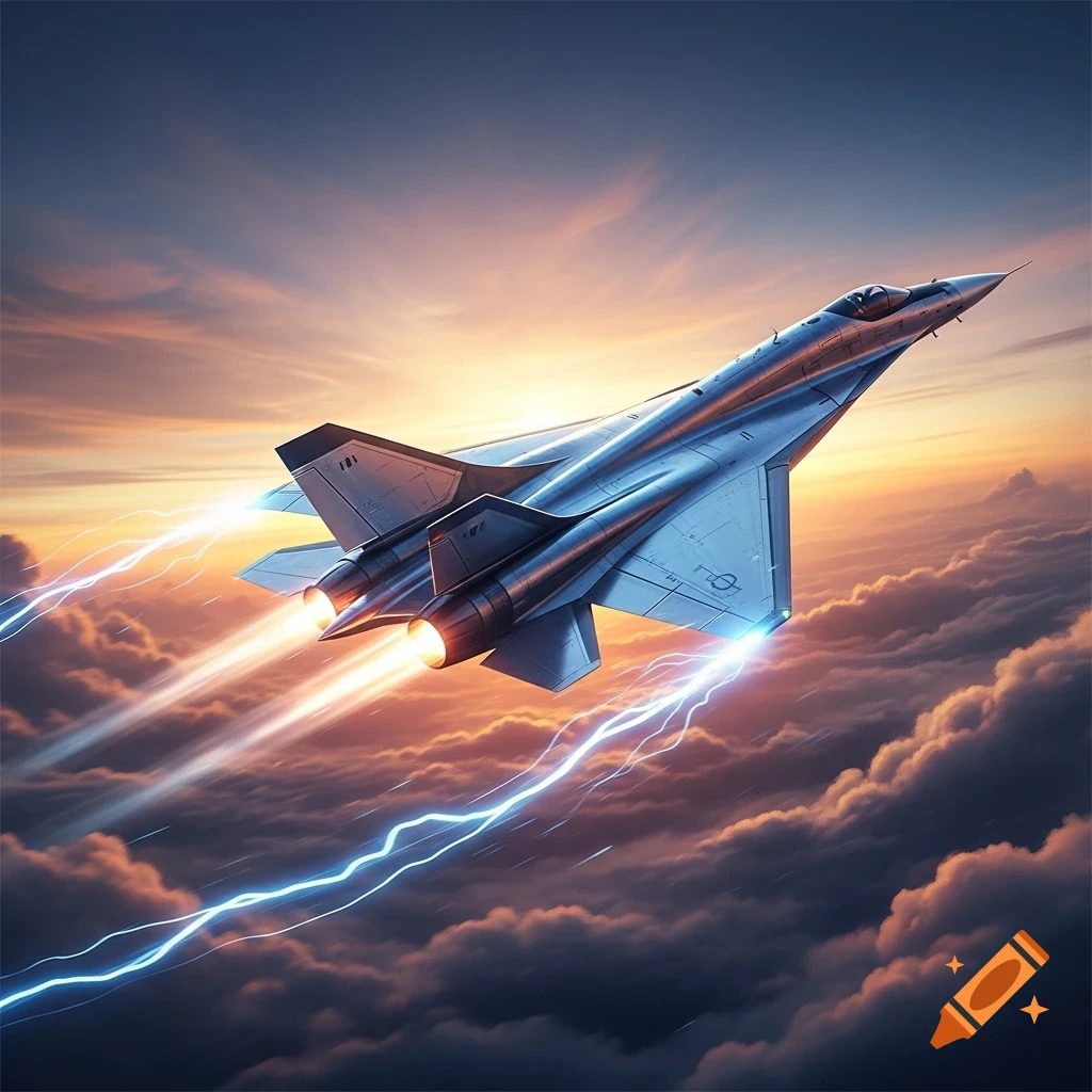 A sleek, futuristic jet flies fast through an orange and blue sunset sky, leaving bright lightning trails.