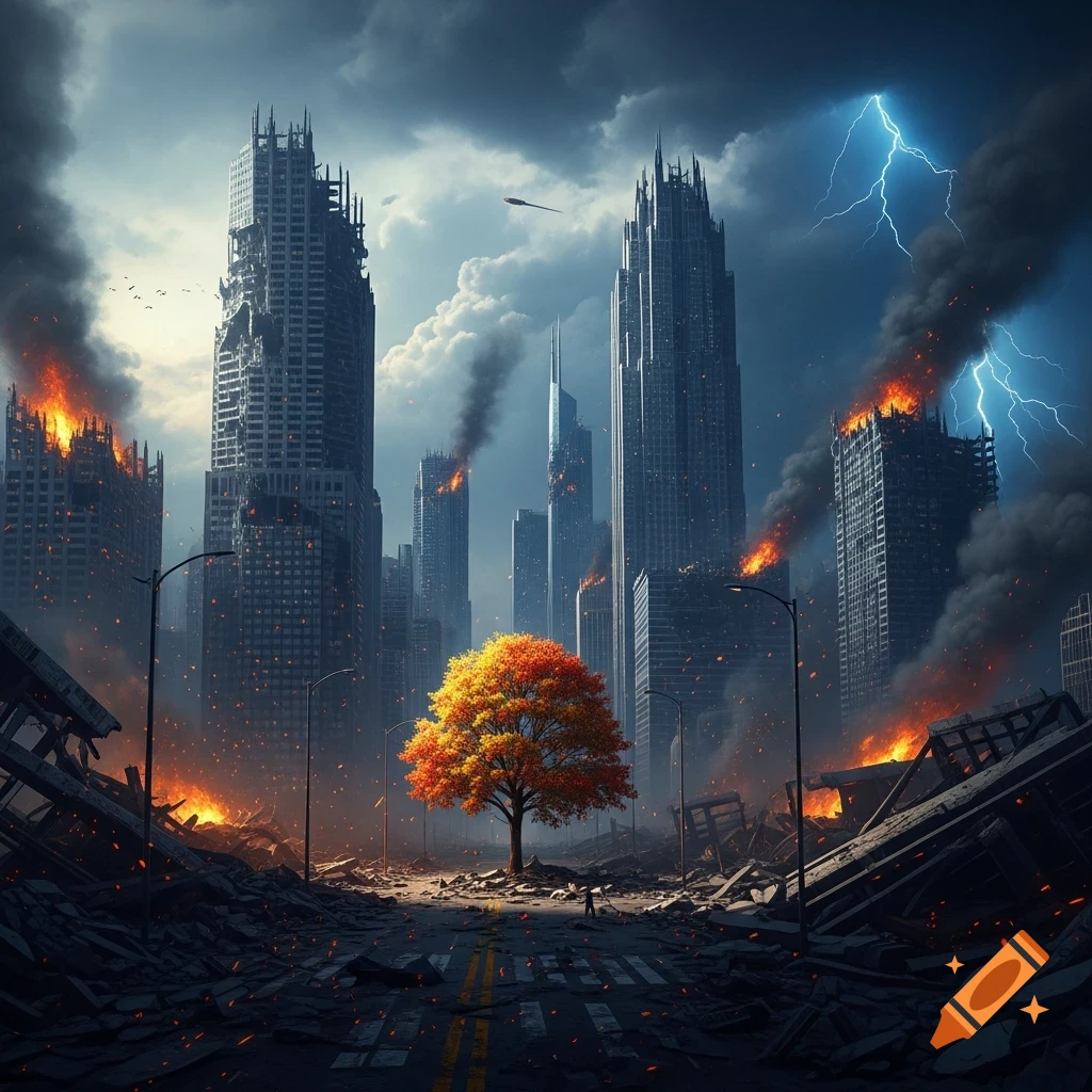 A vibrant orange tree stands alone in a destroyed city with burning skyscrapers, rubble, and a stormy sky with lightning.