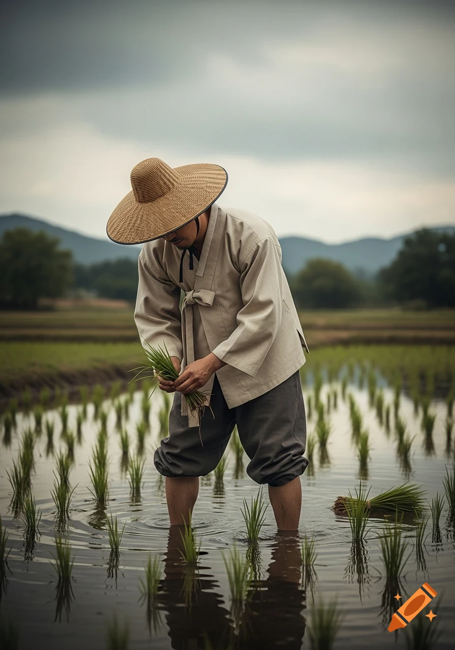 A Korean farmer in traditional clothing plants rice seedlings in a flooded paddy field under an overcast sky, photorealistic.