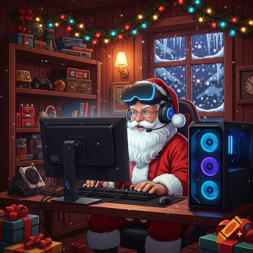 Santa Claus wearing a VR headset and headphones, playing video games on ...