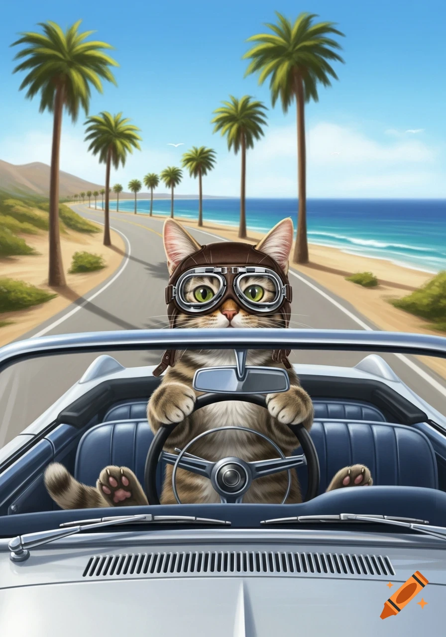 An illustrated tabby cat wearing aviator goggles and a helmet drives a white convertible on a sunny coastal road with palm trees.