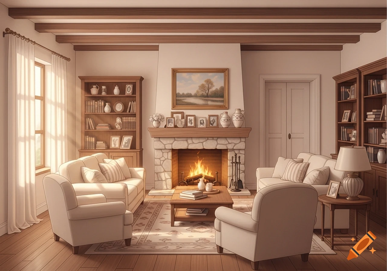 A cozy, well-lit living room with a stone fireplace, white sofas, wooden bookcases, and a bright window with sheer curtains.