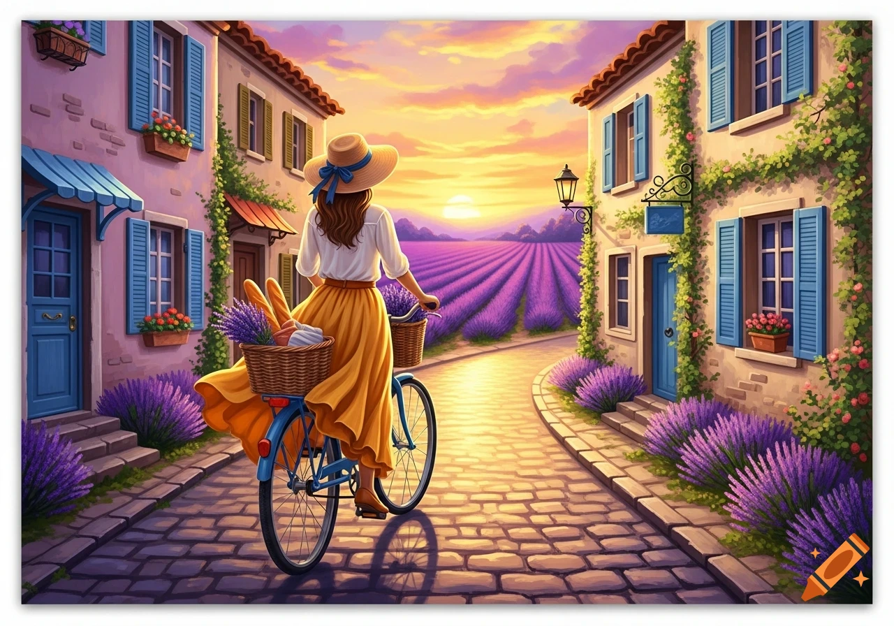 A woman on a bicycle rides through a charming village with lavender fields at sunset, in a vibrant painting.