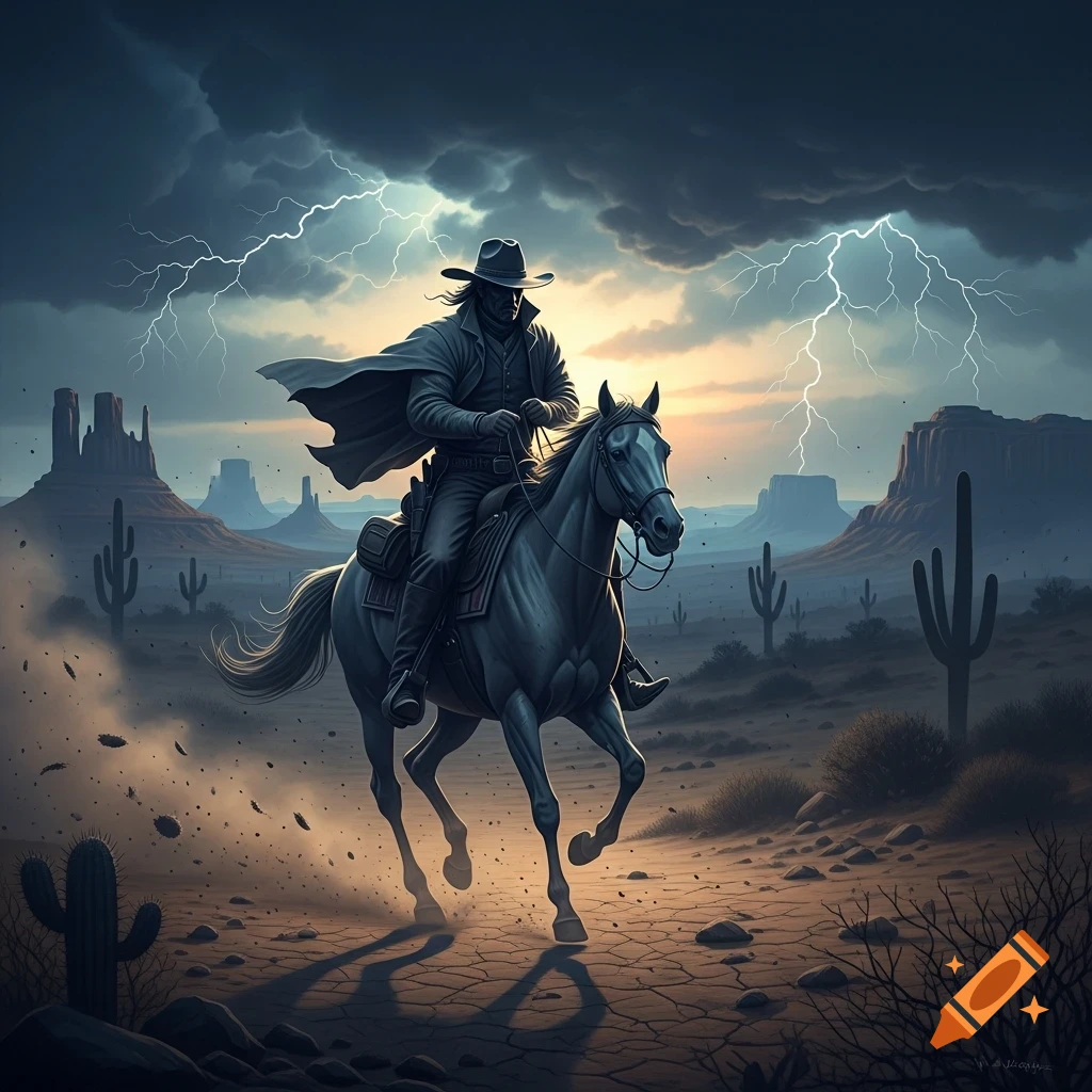 A dark cowboy rides a horse through a desert under a stormy sky with lightning bolts, set against mesas and cacti.